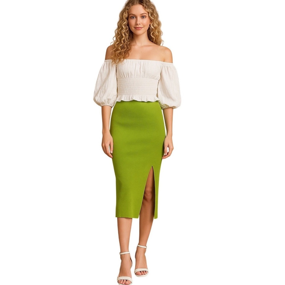 Almost Famous Green Ribbed Knit Midi Skirt Womens M‎ Y2K Slit Cottagecore Boho